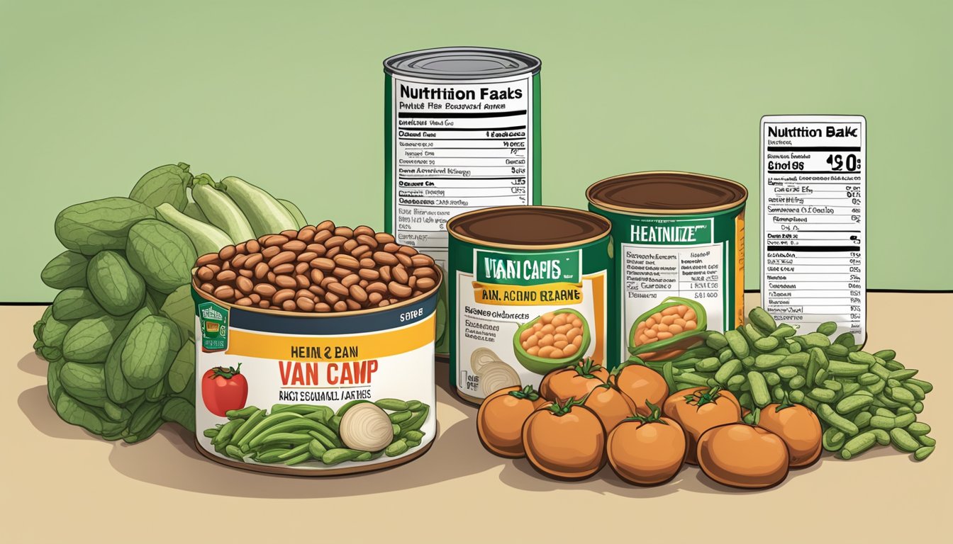 A table with two cans of beans, one labeled Heinz Baked Beans and the other labeled Van Camps, surrounded by various fresh vegetables and a nutrition label