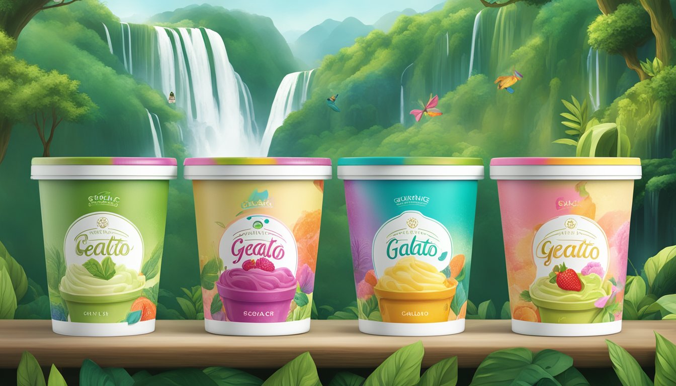 A vibrant display of gelato tubs, each with a unique and eye-catching label, set against a backdrop of lush greenery and cascading waterfalls