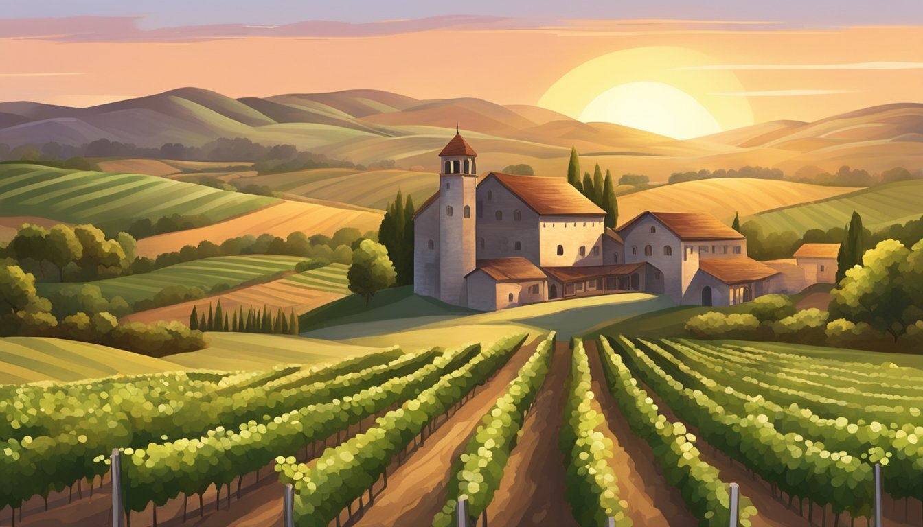 A vineyard with rolling hills, rows of grapevines, and a rustic winery building. The sun is setting, casting a warm glow over the landscape