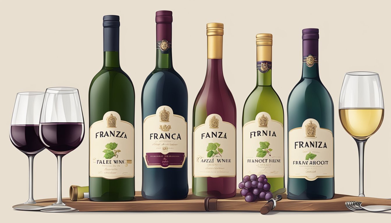 A table with bottles of Franzia and Barefoot wine, surrounded by glasses and a wine opener