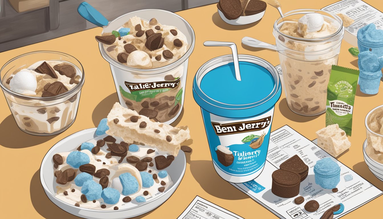 A table with open pints of Talenti and Ben & Jerry's ice cream, surrounded by scattered nutritional information labels and spoons