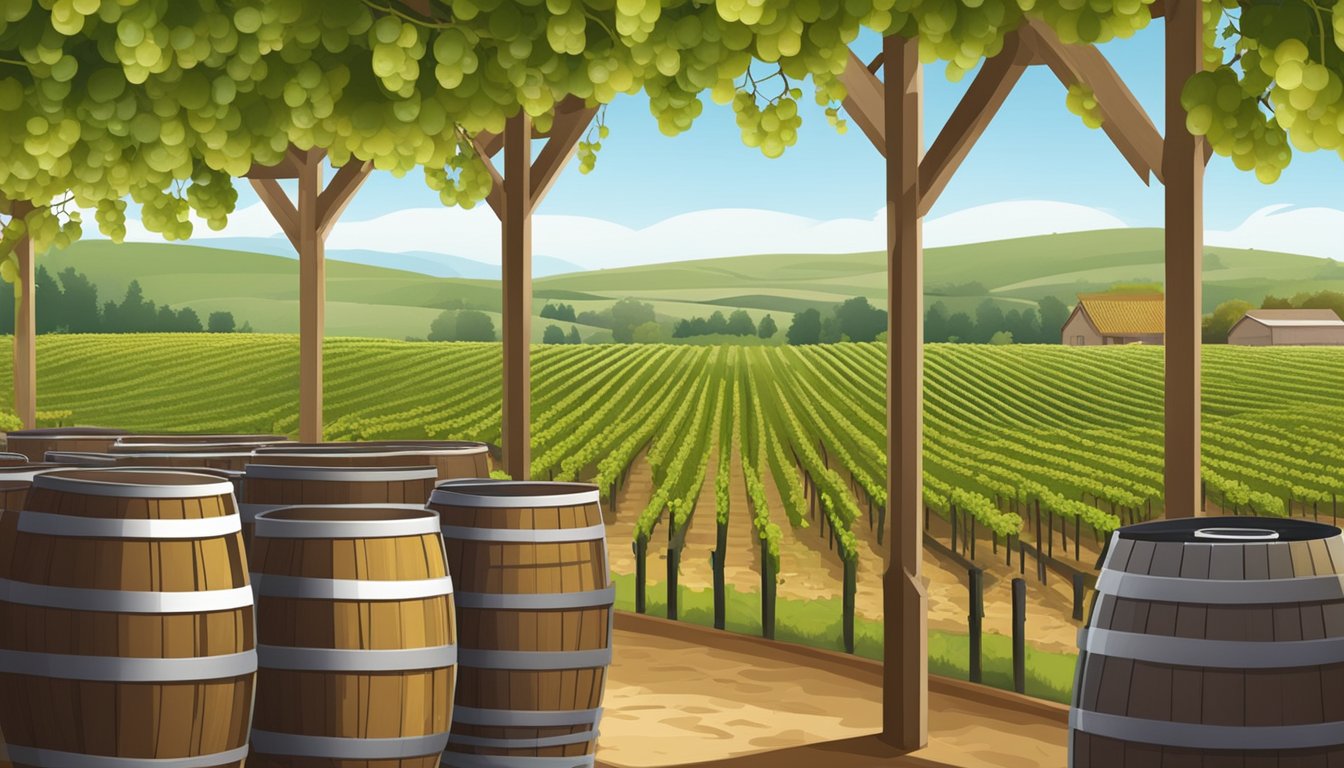 A vineyard with rows of grapevines, some bearing ripe fruit. Large barrels and bottling equipment in the background