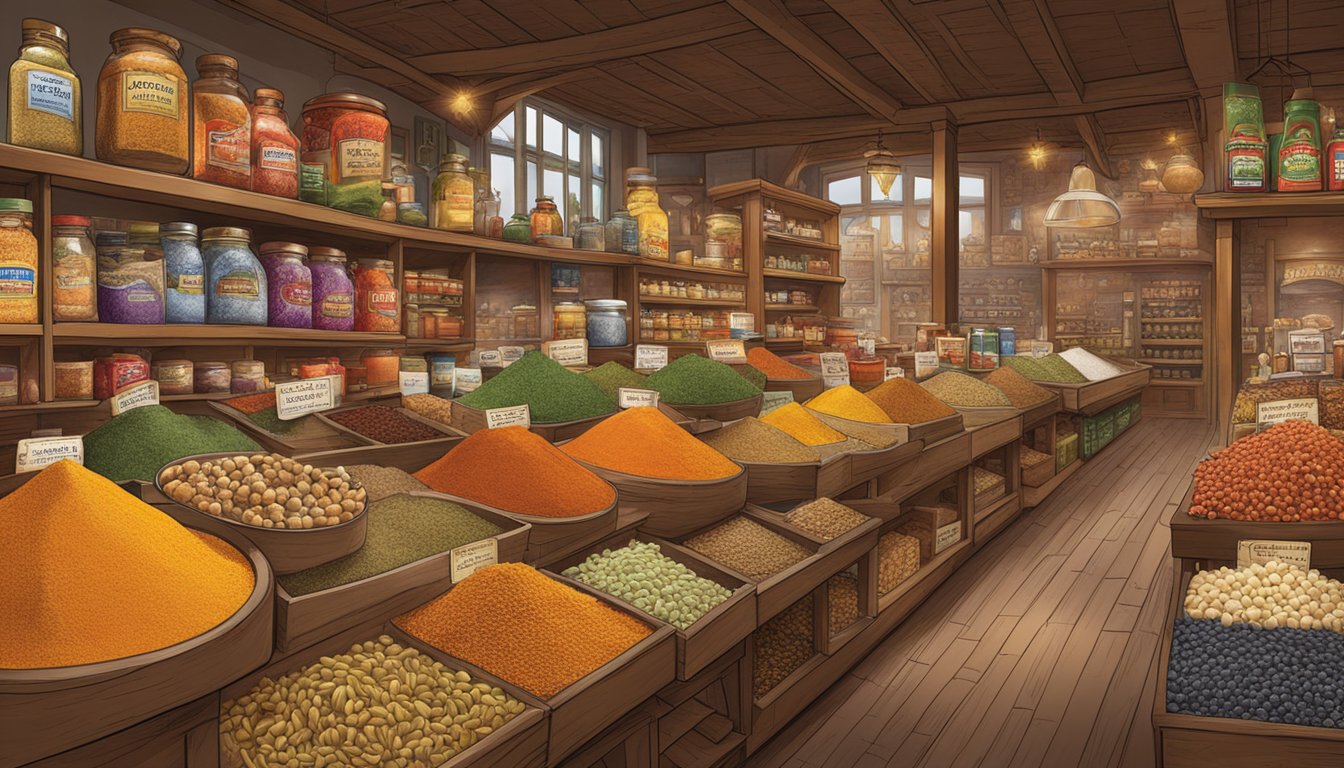 A bustling spice market with colorful displays of McCormick and Spice Islands products, surrounded by historical imagery of their origins