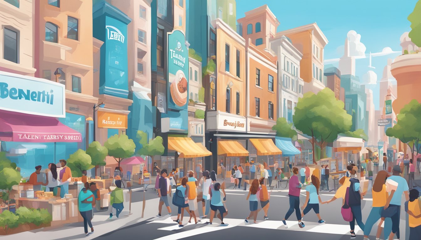 A bustling city street with vibrant billboards featuring Talenti and Ben & Jerry's ice cream, surrounded by people interacting on social media