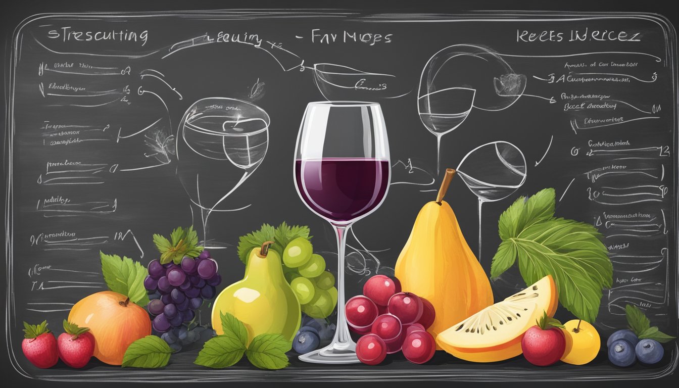 Two glasses of wine surrounded by various fruits and herbs, with flavor profiles and tasting notes written on a chalkboard in the background