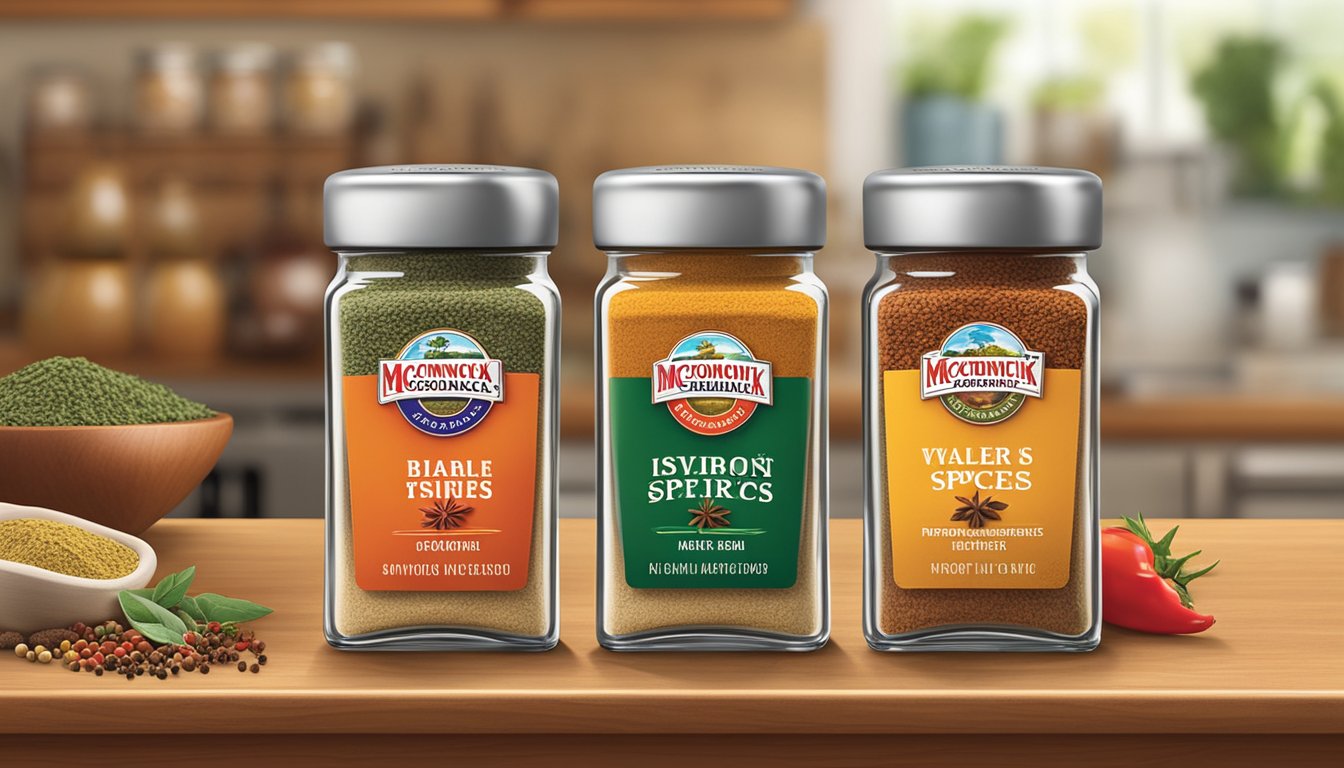 Two spice jars stand side by side on a wooden countertop, each bearing the logo of their respective brands - McCormick and Spice Islands. The vibrant colors of the spices inside are visible through the clear glass