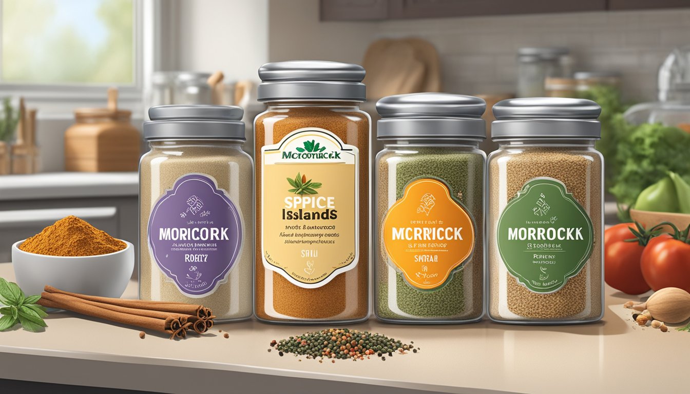 Two spice jars side by side on a kitchen counter, each labeled with "McCormick" and "Spice Islands." A scattering of various spices surrounds them