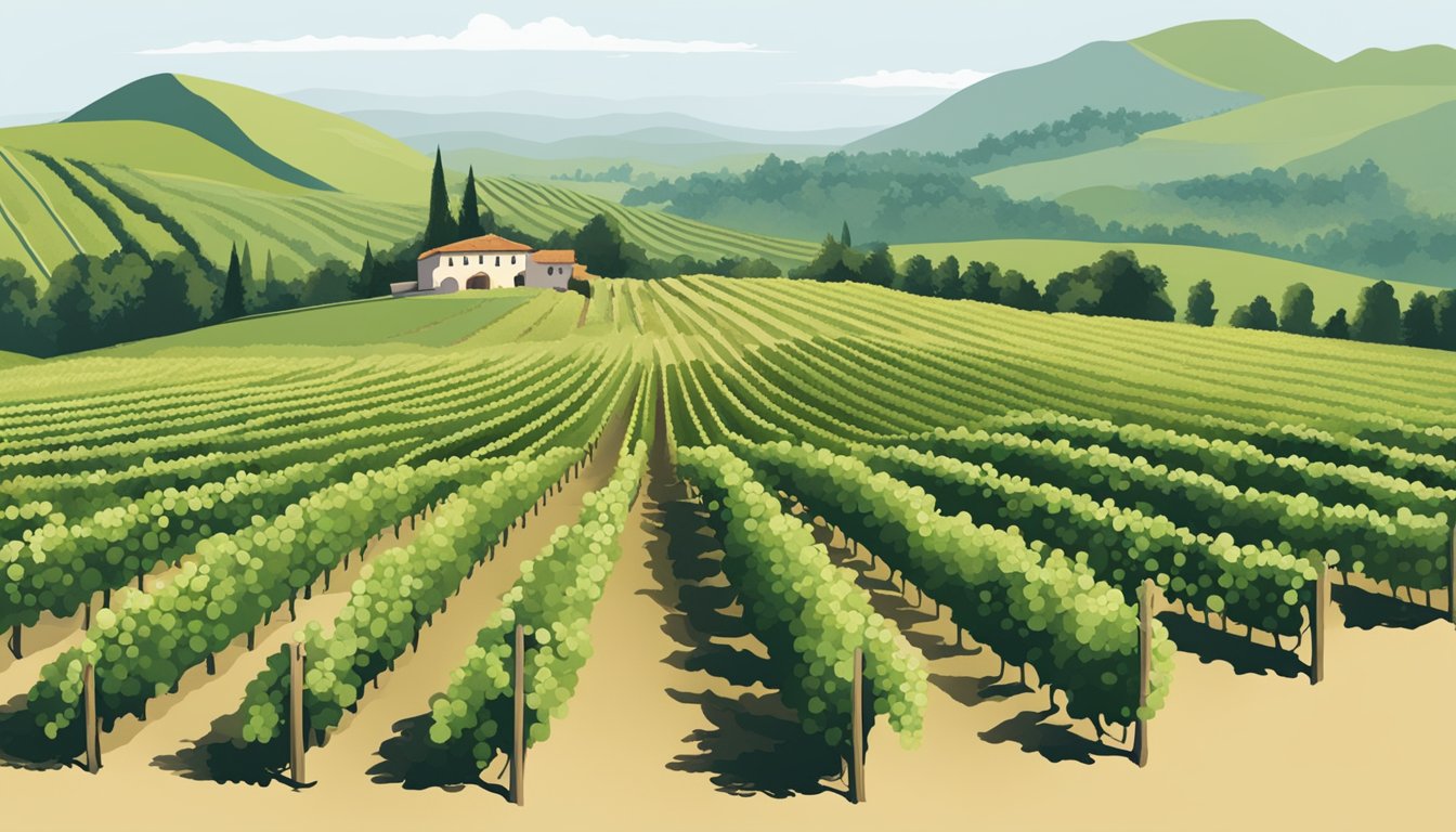 A vineyard with rows of grapevines, one side labeled "Franzia" and the other "Barefoot." A wine tasting event is happening in the center