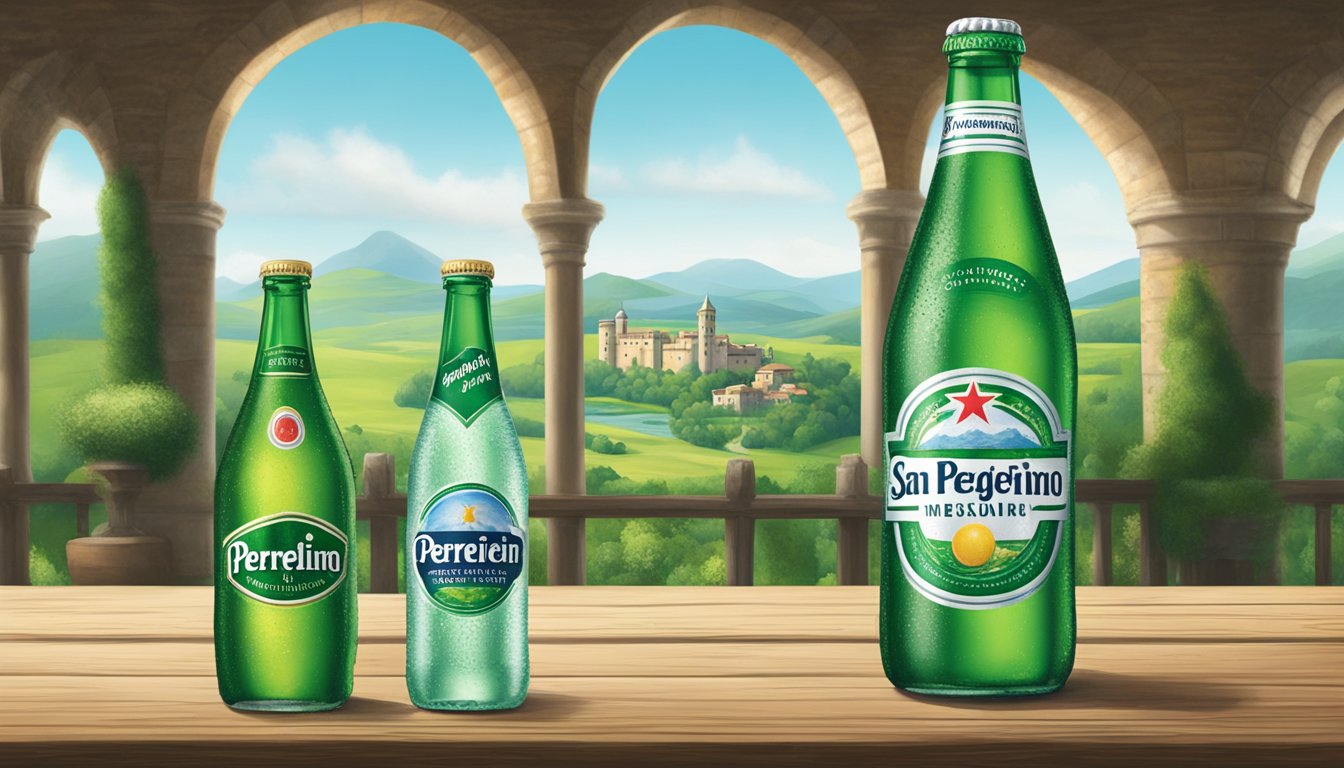 A grand, ancient castle overlooks a lush, rolling countryside. Two sparkling water brands, San Pellegrino and Perrier, sit side by side on a rustic wooden table