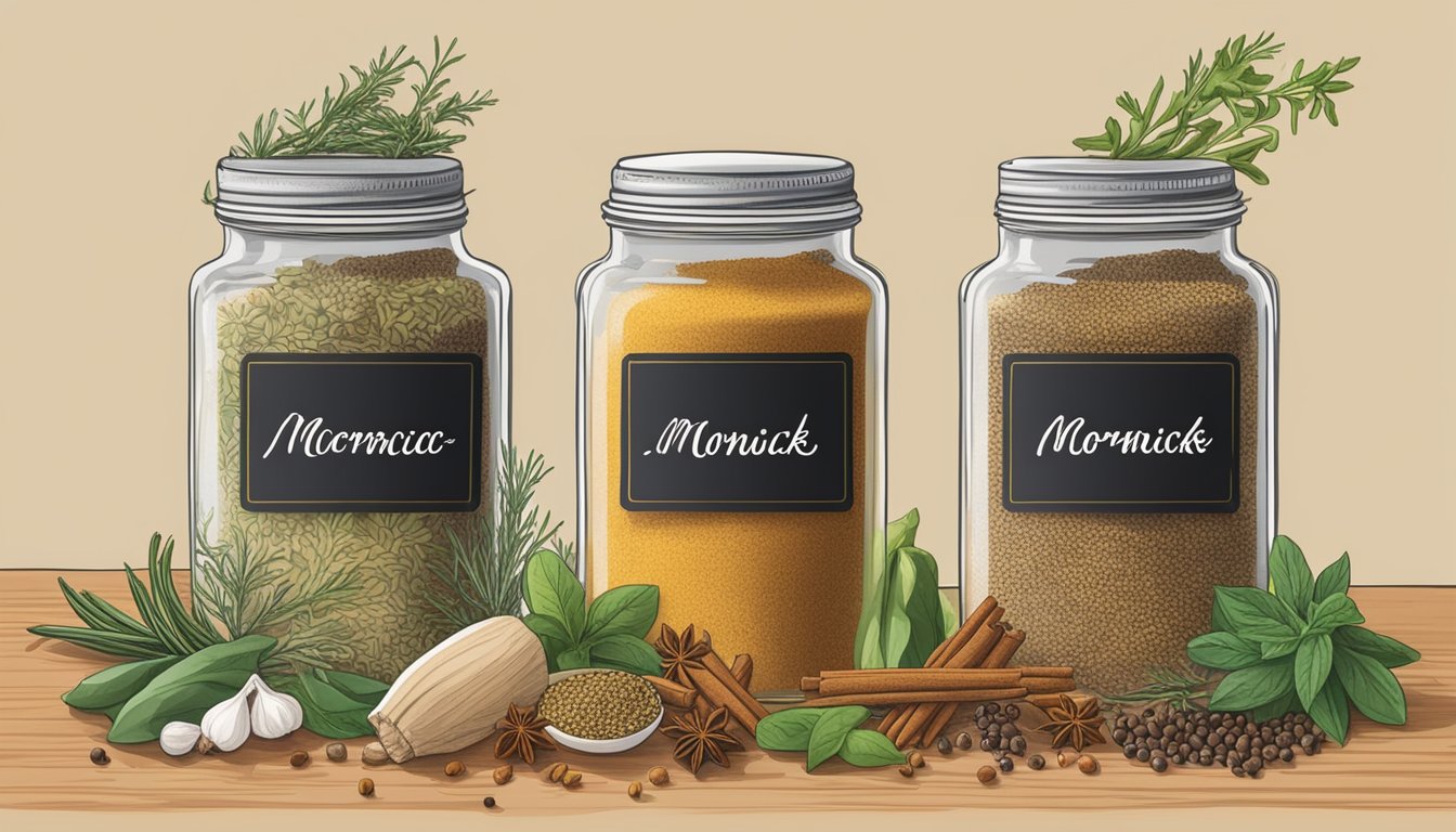 Two spice jars facing each other, one labeled "McCormick" and the other "Spice Islands," surrounded by various herbs and spices