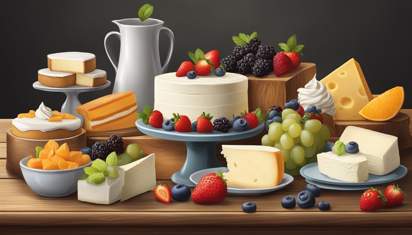 A spread of desserts featuring soft cheeses, including Philadelphia and mascarpone, arranged on a rustic wooden table with fresh fruit and decorative garnishes