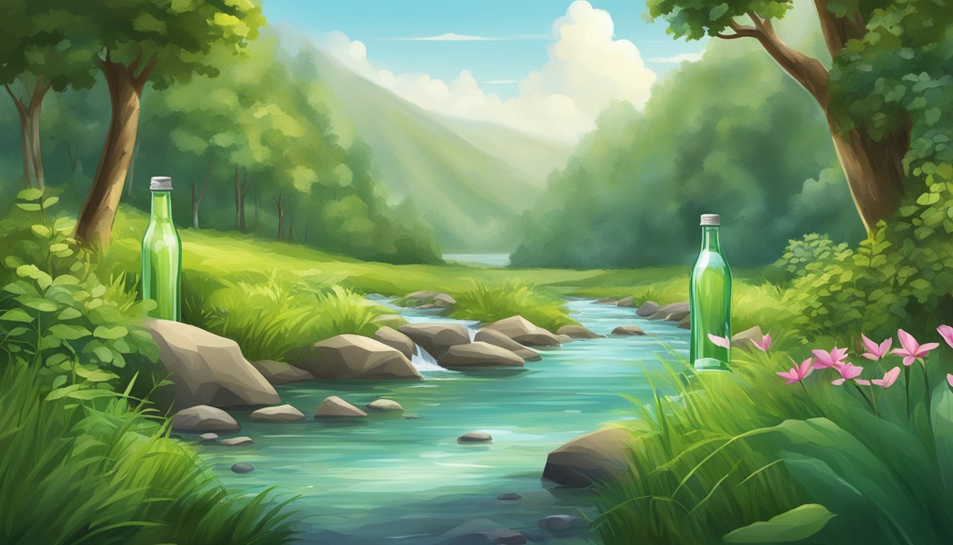 A lush, green landscape with a flowing river and sparkling, clear water bottles nestled among the natural surroundings