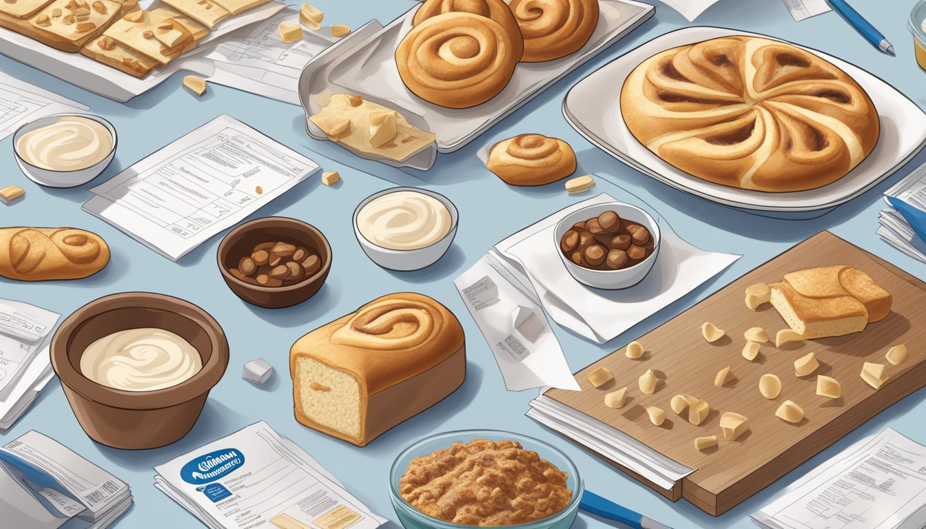 A table with open packages of Cinnabon and Pillsbury products, surrounded by scattered ingredient lists and quality assessment notes