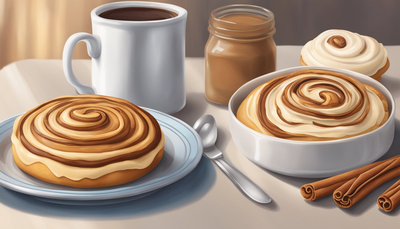 A table with a freshly baked Cinnabon and a Pillsbury cinnamon roll side by side, showcasing their texture and consistency