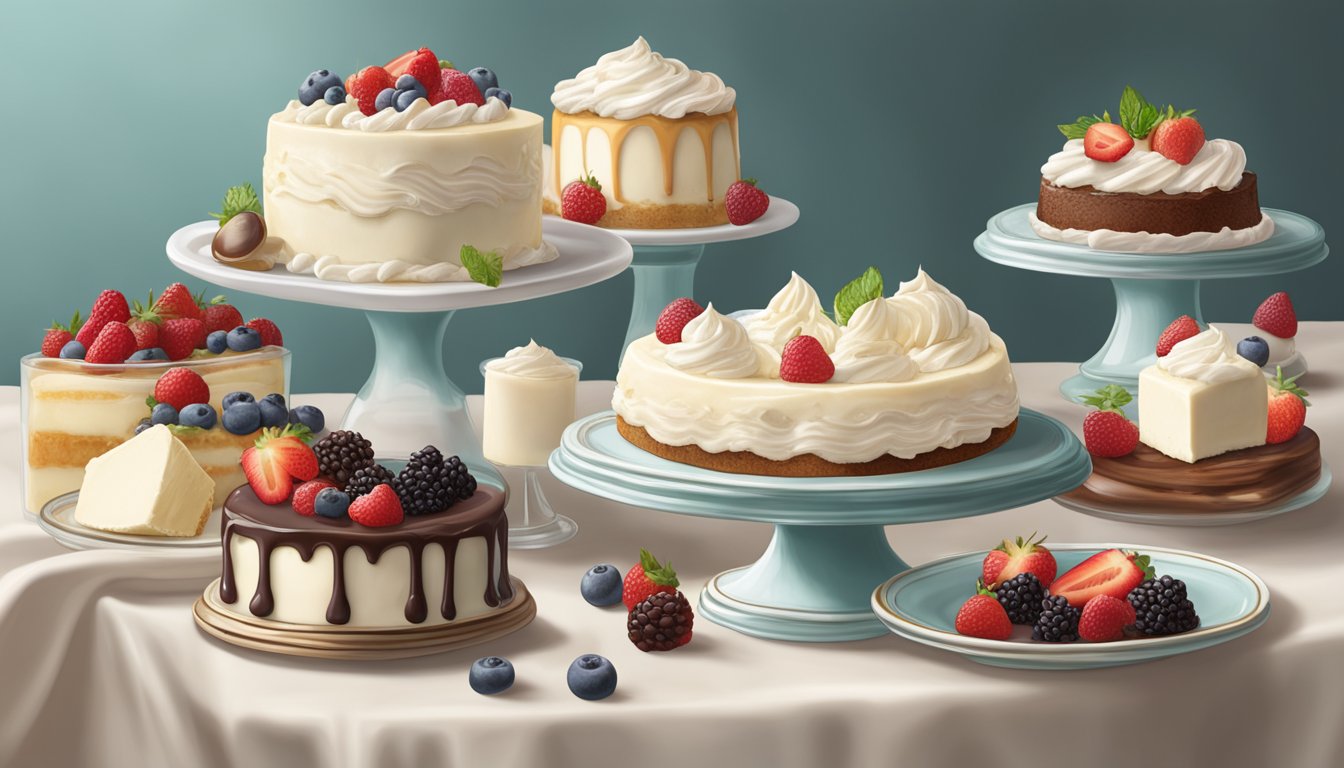 A decadent dessert table with a luscious Philadelphia cream cheese and creamy mascarpone cheese side by side