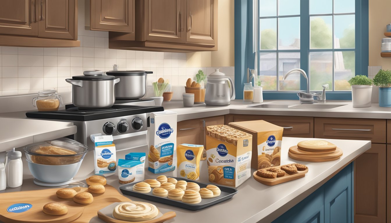 A busy kitchen with a Cinnabon and Pillsbury baking kit on the counter. Ingredients and utensils are neatly organized for easy access