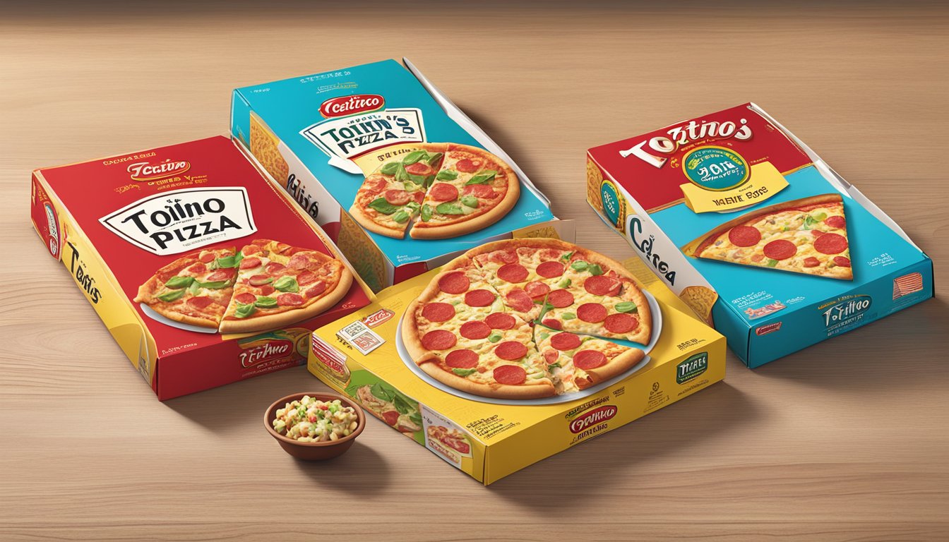 A comparison of Totino's Party Pizza and Celeste pizza boxes with nutritional labels displayed side by side