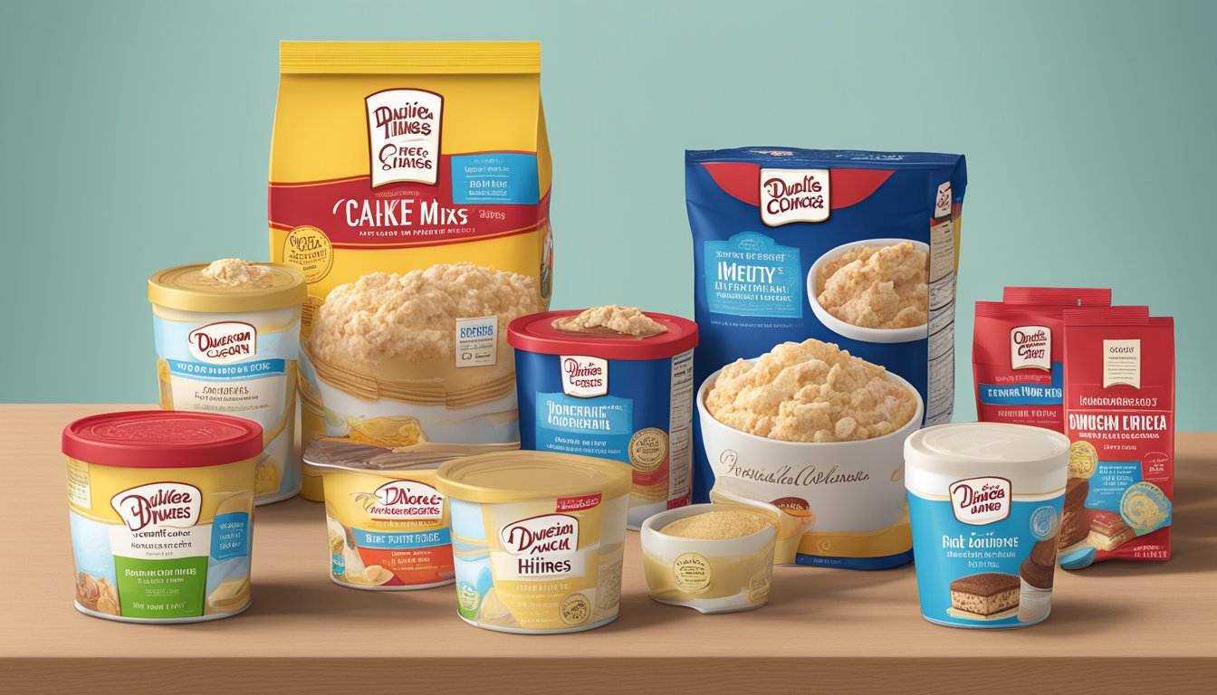 A table with open boxes of Duncan Hines and Betty Crocker cake mixes, surrounded by scattered nutritional information and ingredient labels