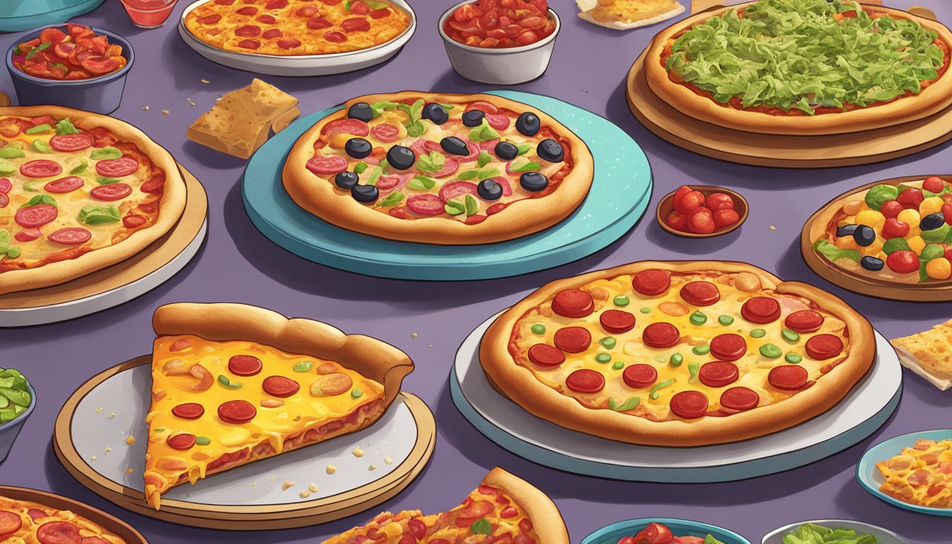 A steaming hot Totino's Party Pizza sits next to a freshly baked Celeste pizza, both surrounded by colorful, vibrant toppings and a crispy golden crust