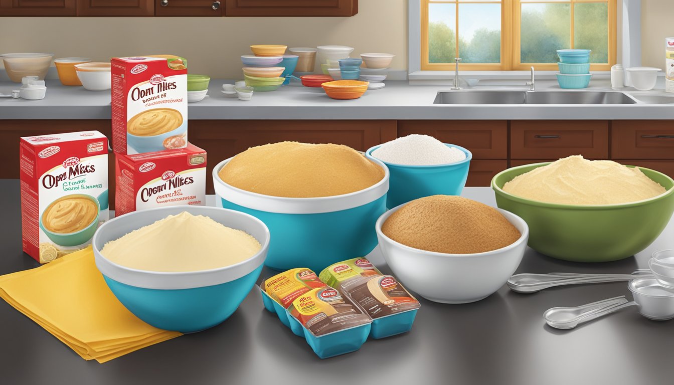 A kitchen counter with open boxes of Duncan Hines and Betty Crocker cake mixes, alongside measuring cups and mixing bowls