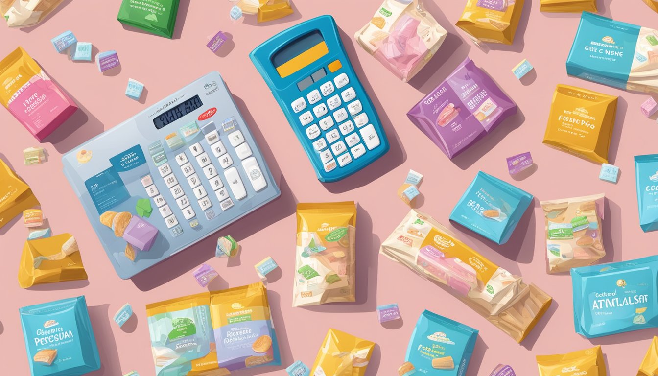 A table with Duncan Hines and Betty Crocker cake mix boxes, surrounded by scattered price tags and a calculator