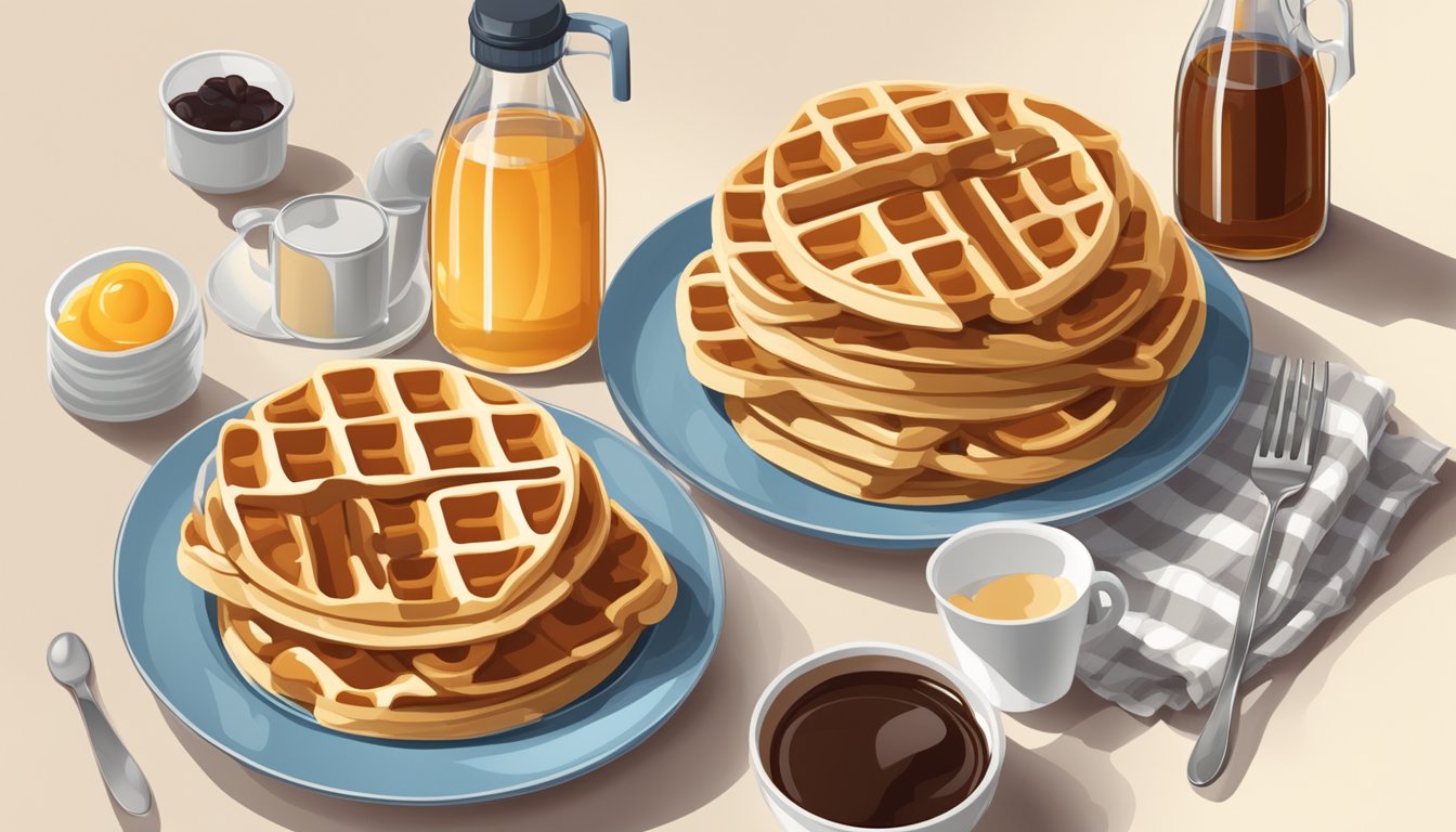 Two boxes of waffles and a bottle of syrup on a breakfast table