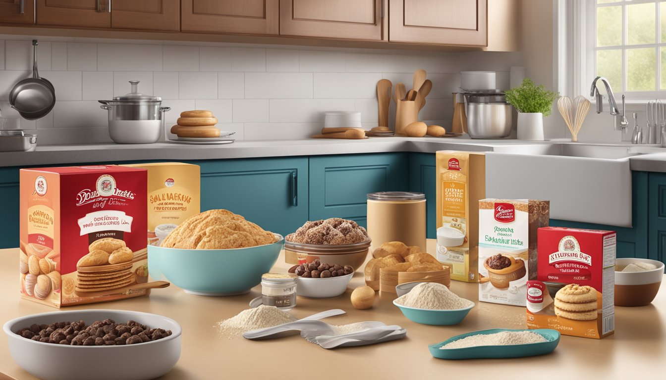 A kitchen counter with Duncan Hines and Betty Crocker baking products displayed side by side, surrounded by various baking ingredients and utensils