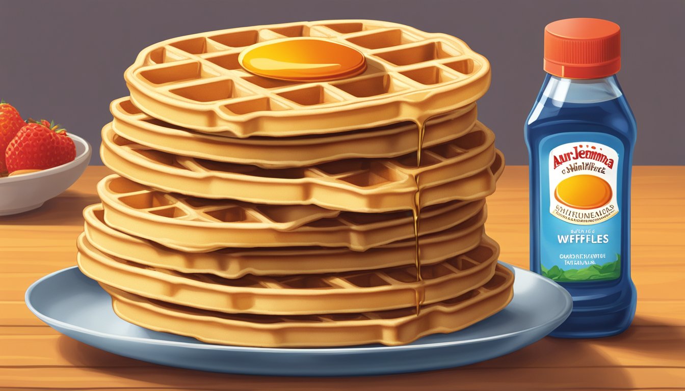 A stack of eggo waffles and a bottle of Aunt Jemima syrup on a breakfast table