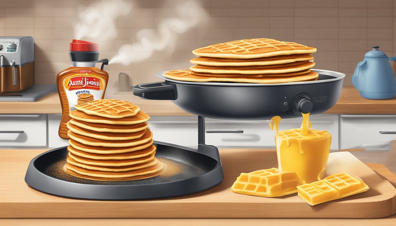 Aunt Jemima pancake mix pouring into a sizzling skillet while Eggo waffles pop out of a toaster