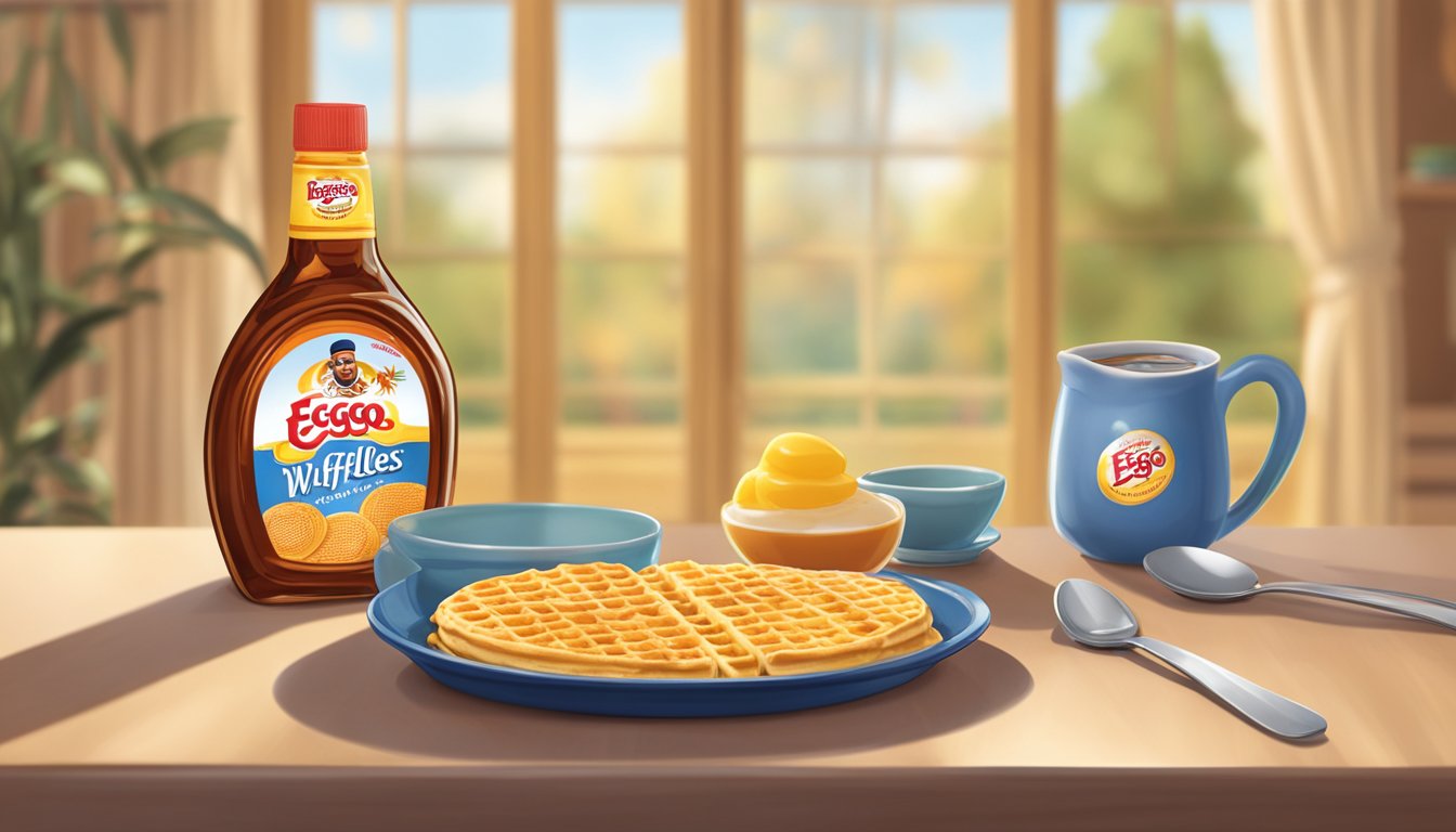 A steaming plate of Eggo waffles faces off against a bottle of Aunt Jemima syrup on a breakfast table