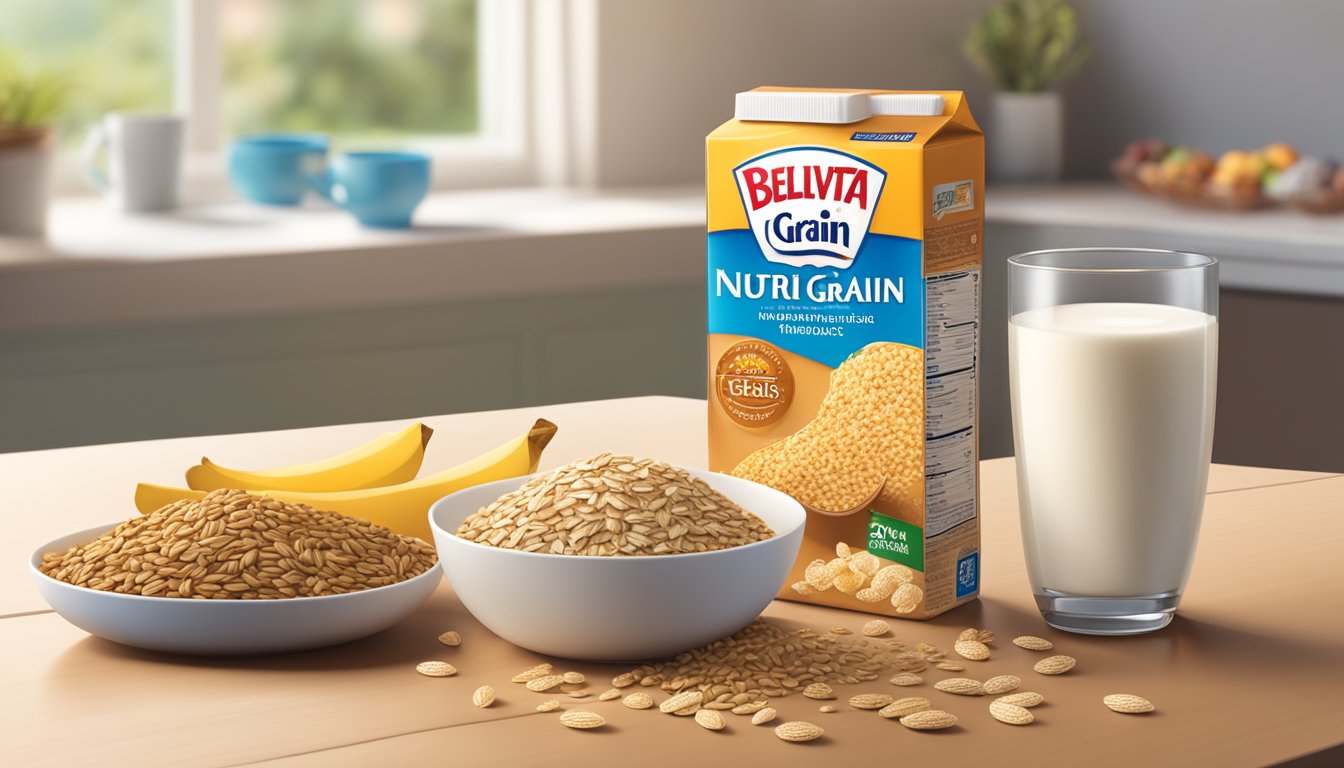 A table with Nutri-Grain and BelVita packages, surrounded by scattered grains and oats, with a glass of milk and a bowl of fruits in the background