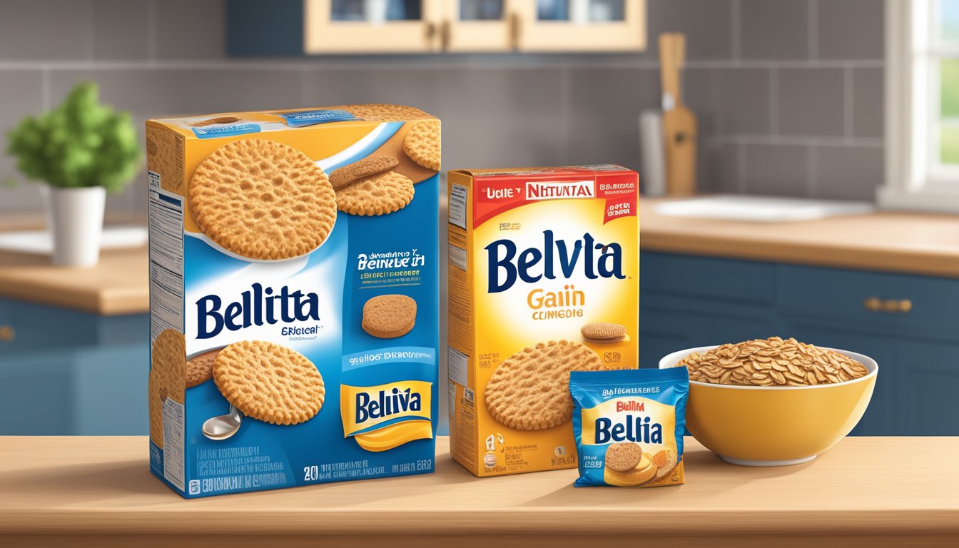 A bowl of Nutri Grain cereal next to a package of Belvita biscuits on a kitchen counter