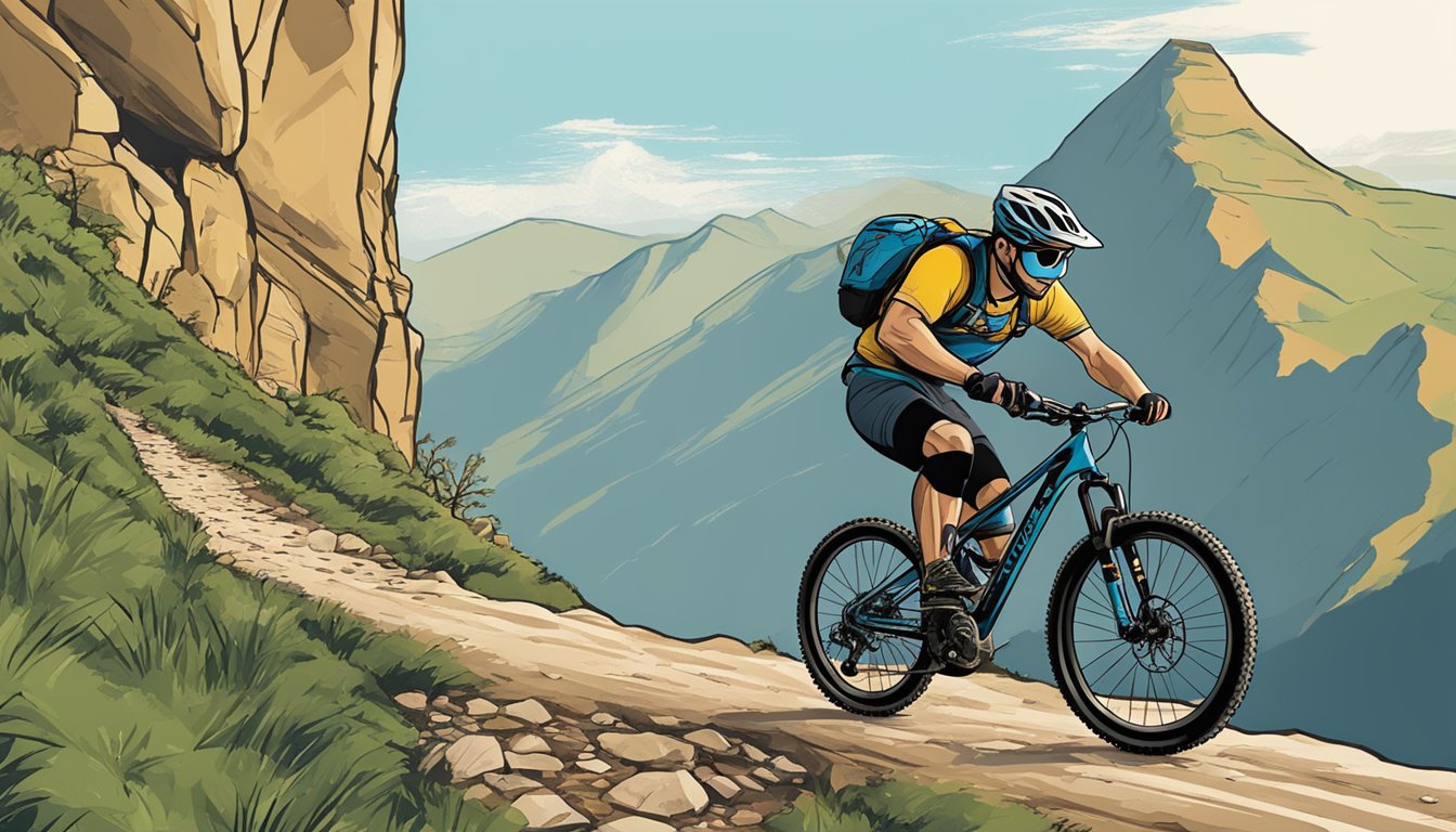 A mountain biker rides through a rugged trail, passing a cliffside with a Clif Bar logo and a PowerBar banner