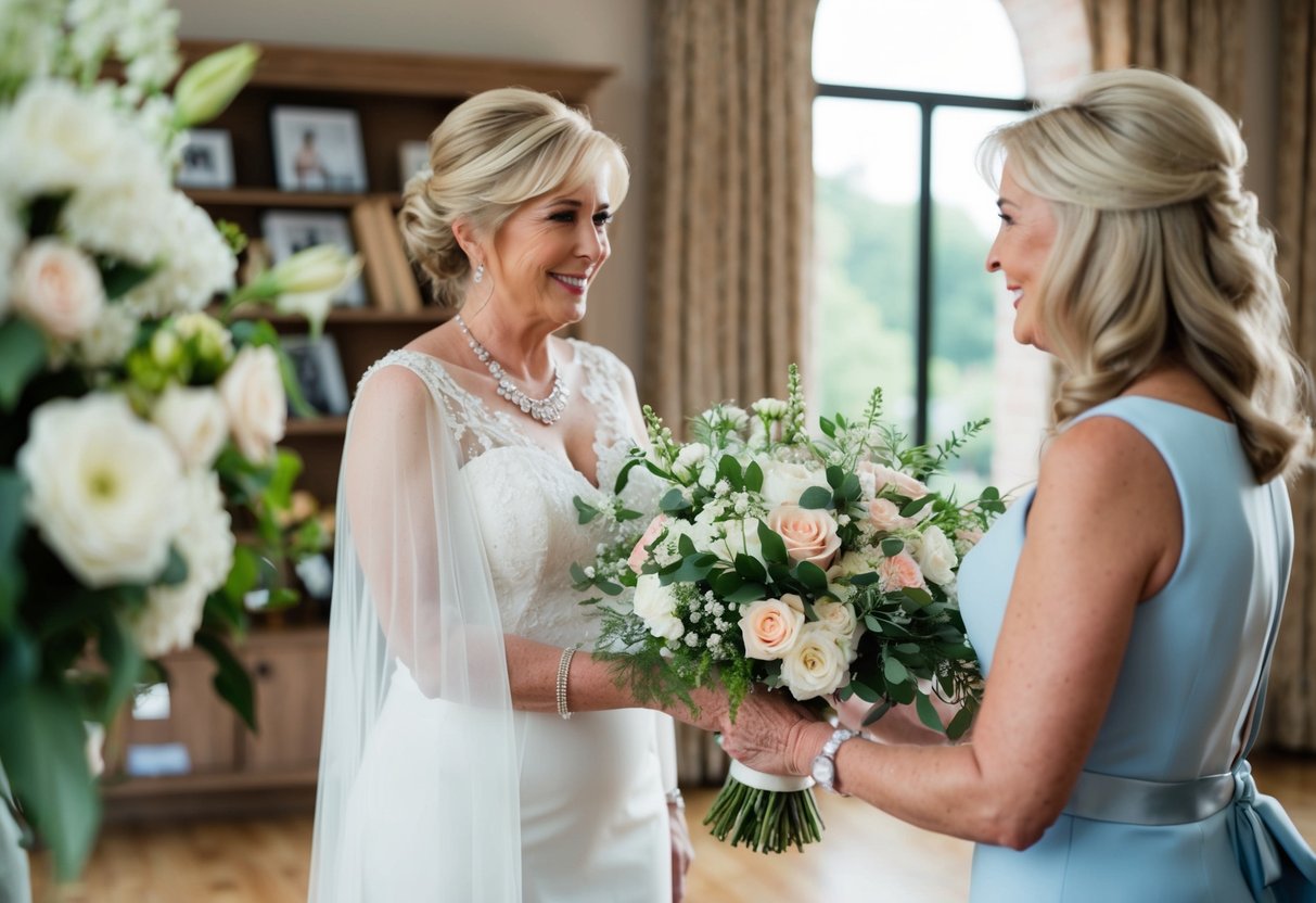 The mother of the bride pays for the floral arrangements, decorations, and possibly the wedding dress