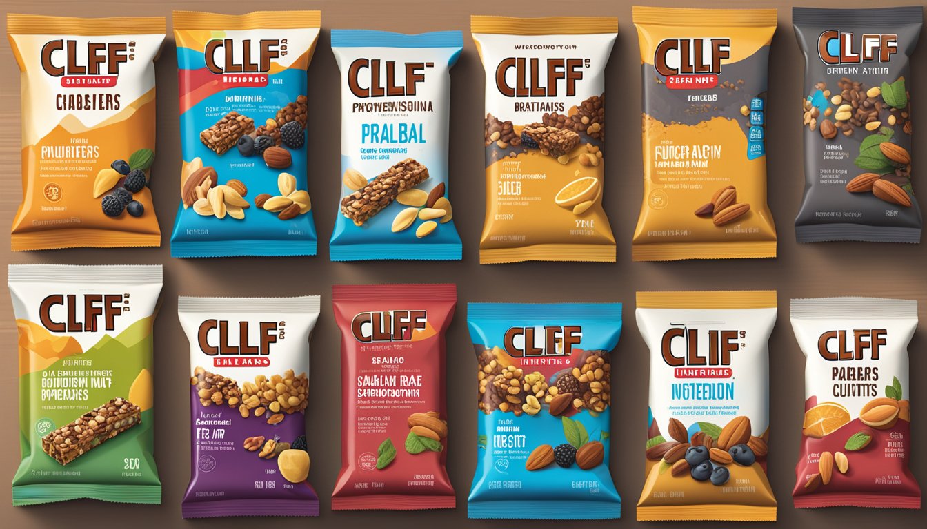 A table displays a variety of Clif Bars and PowerBars, surrounded by fresh fruits and nuts. The packaging highlights the nutritional benefits of each product