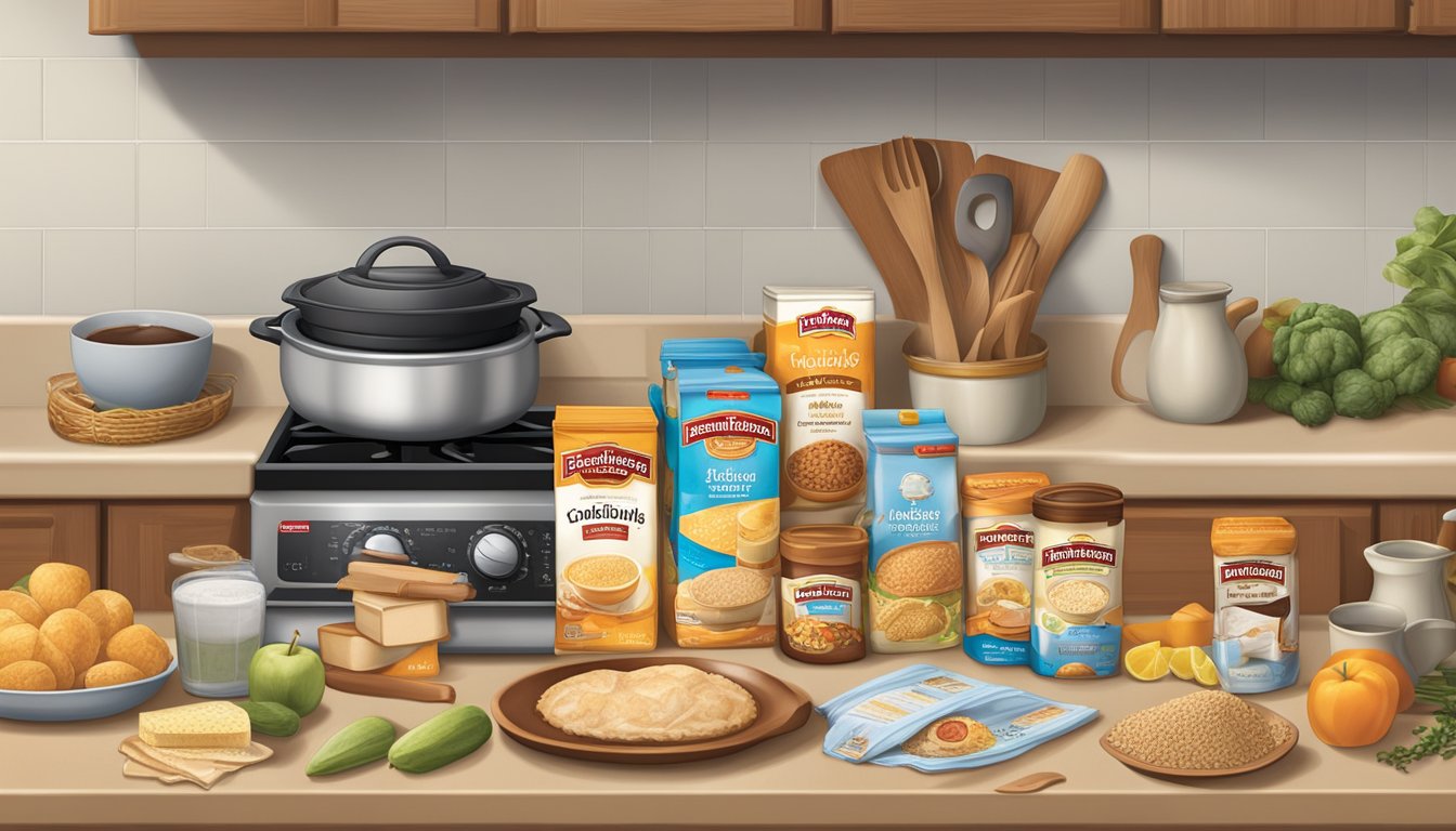 A stove top and a box of Pepperidge Farm products surrounded by various food items and measuring tools