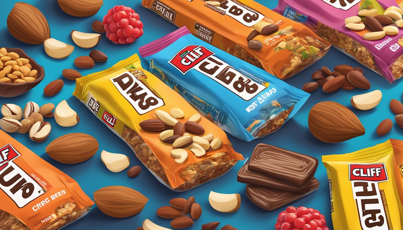 A table with a variety of Clif bars and PowerBars arranged in a colorful display, surrounded by images of fruits, nuts, and other natural ingredients