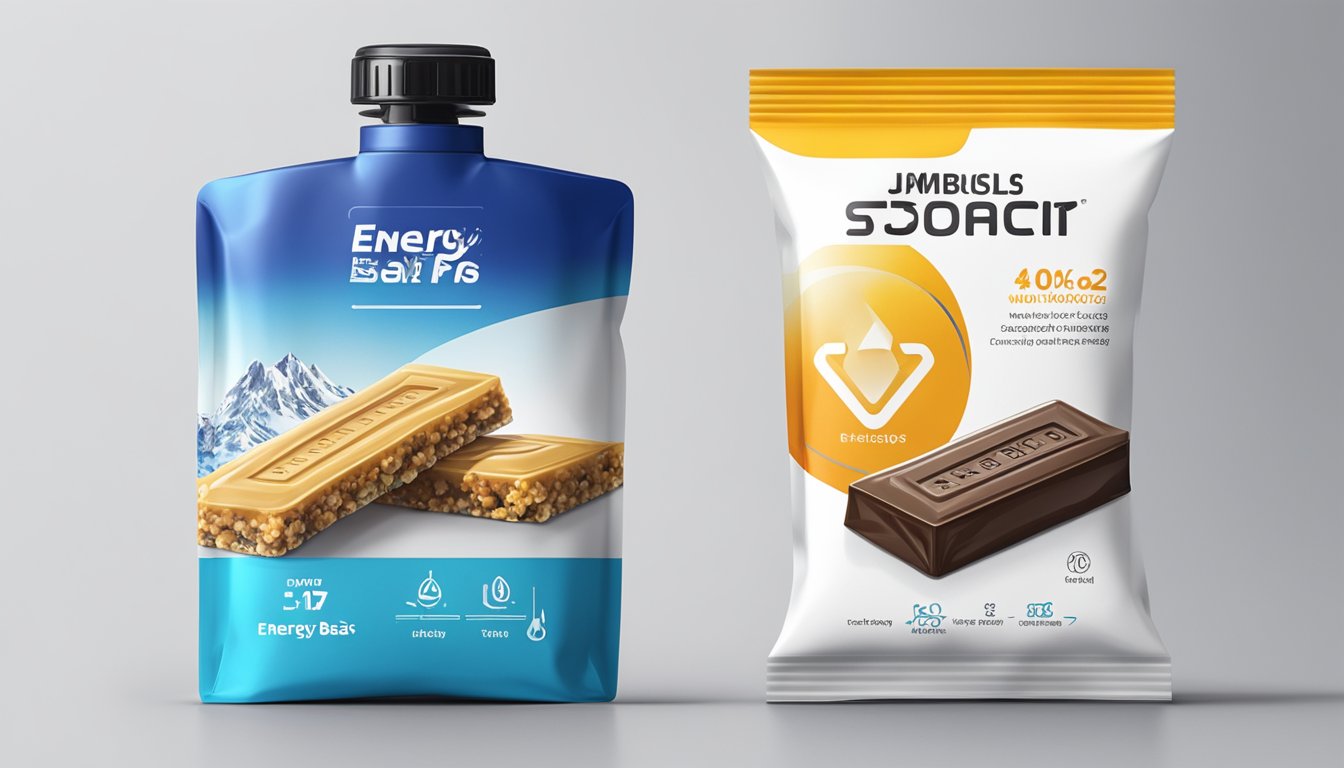 Two energy bars displayed side by side on a clean white surface, with the packaging facing forward. A stopwatch and a water bottle are placed next to them