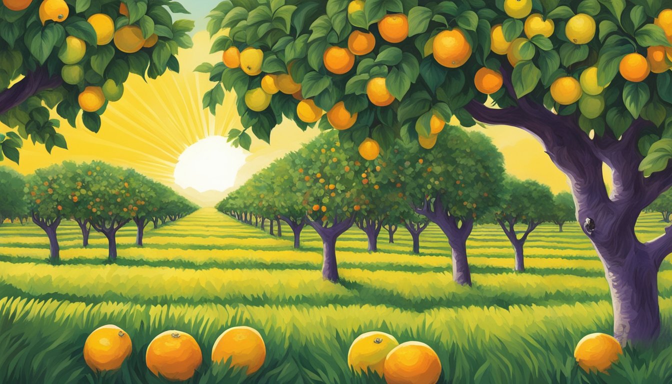 A vibrant citrus orchard with two distinct groves, one bearing the iconic sunburst logo of Sunkist and the other adorned with the classic grape cluster emblem of Welch's