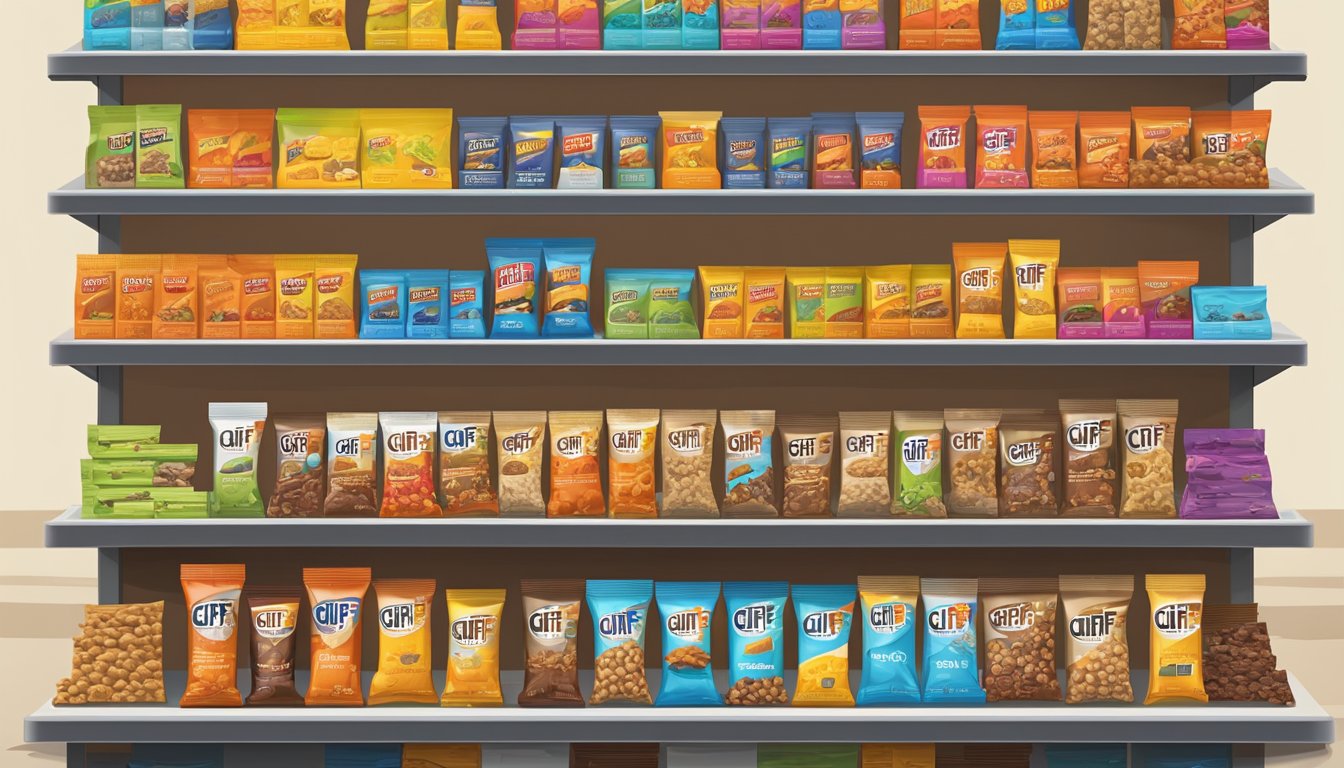 A colorful market stall displays Clif and Powerbar products, with a variety of alternative energy bars arranged neatly on shelves