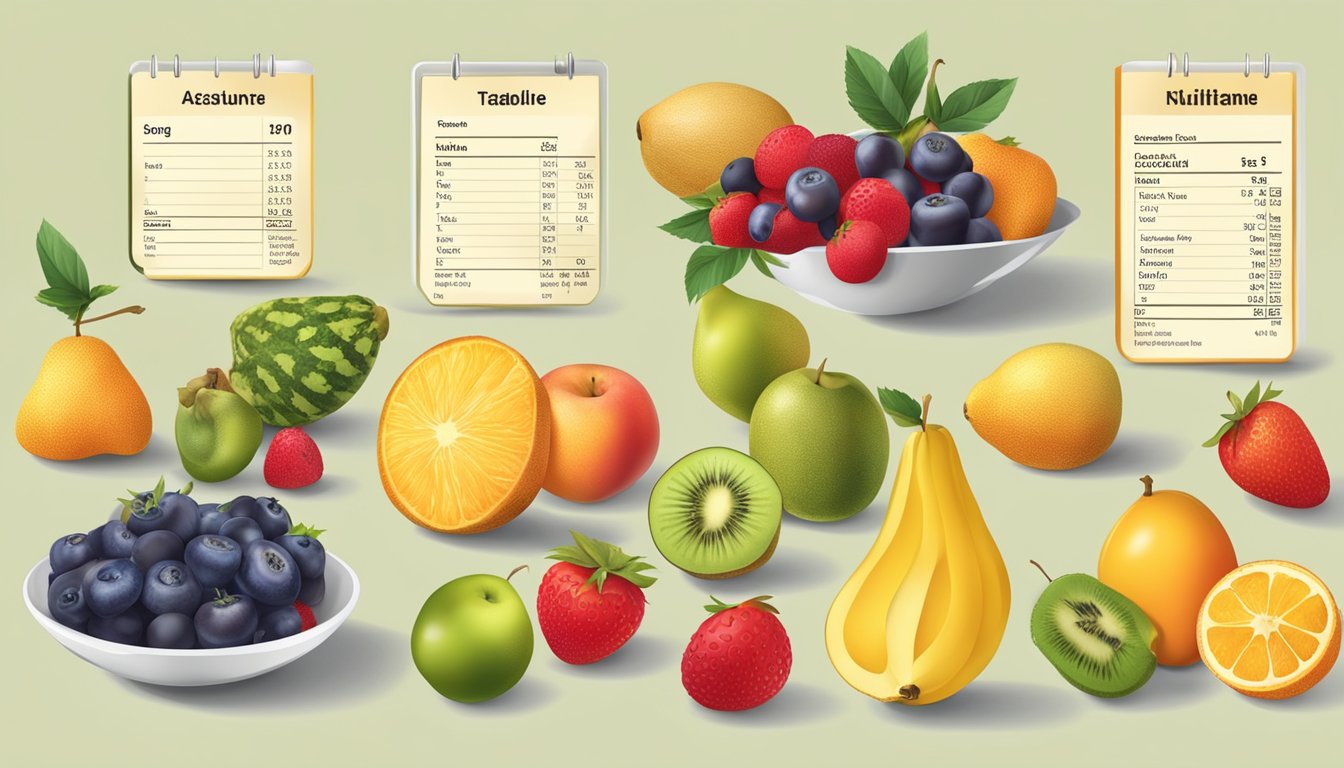 A table with assorted fruits and their nutritional labels