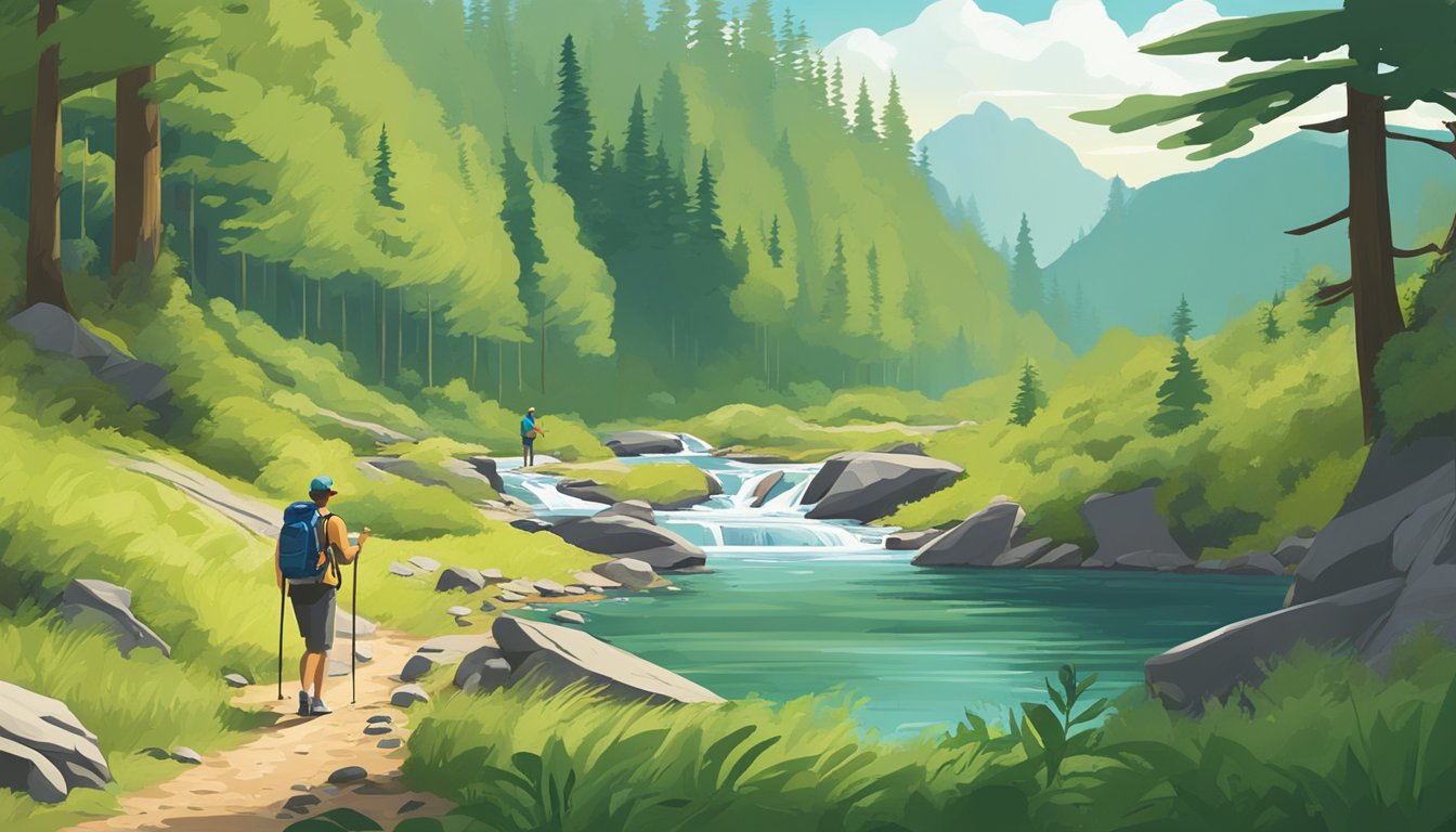 A lush green forest with a clear stream running through it. A hiker is seen enjoying a Clif Bar while another hiker eats a PowerBar, both surrounded by natural beauty