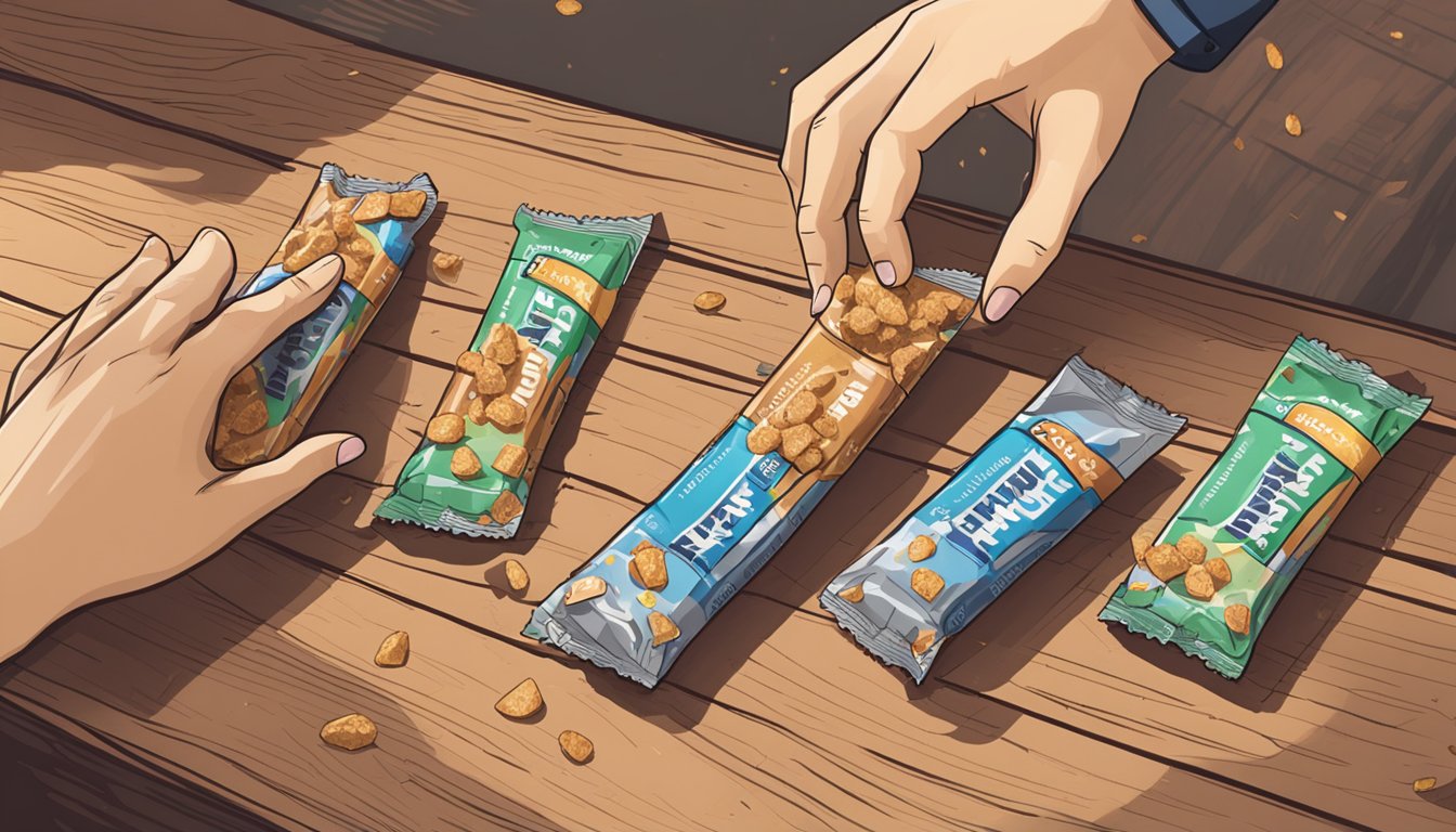 Two energy bars on a wooden table, surrounded by scattered crumbs and empty wrappers. A hand reaches for one, while the other lies untouched