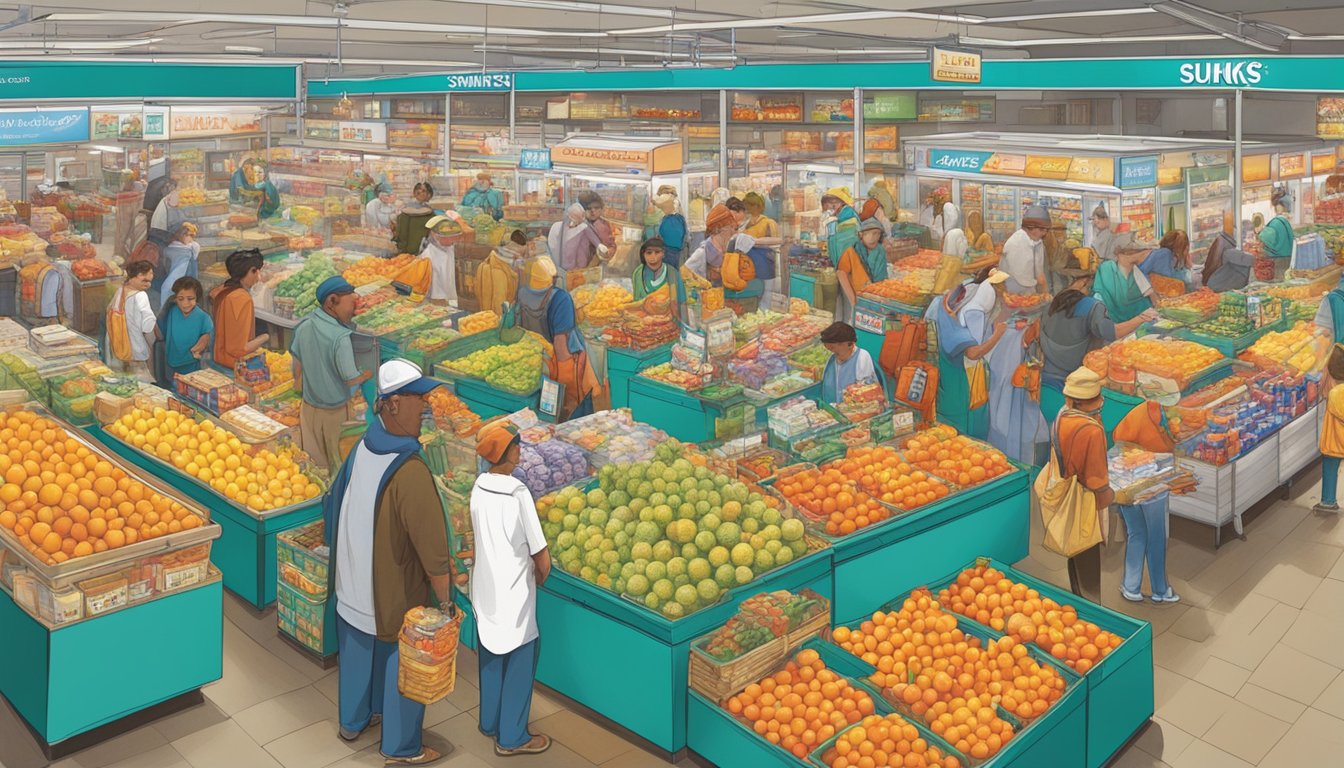 A bustling market with vibrant displays of Sunkist and Welch's products, with customers browsing and making purchases at various stalls