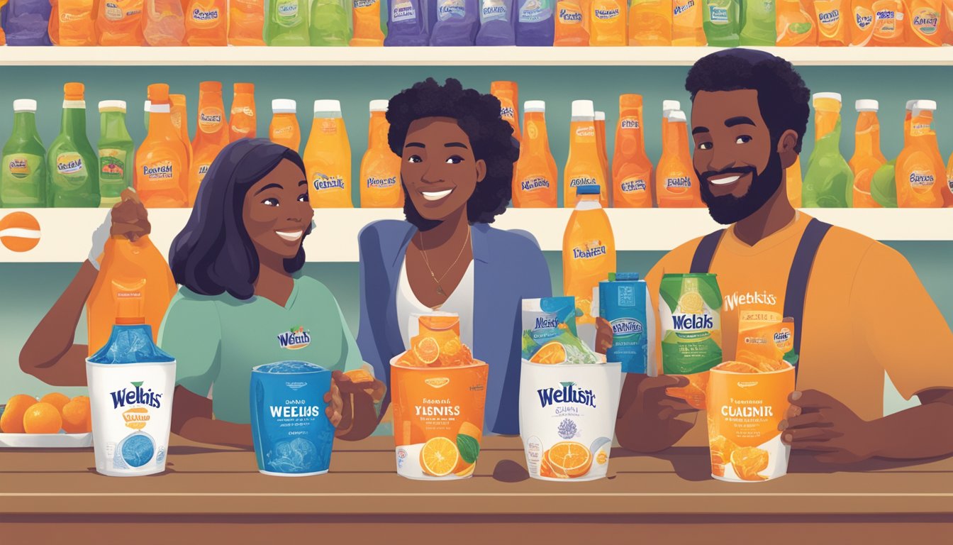 A group of diverse consumers holding either Sunkist or Welch's products, displaying varying levels of brand loyalty