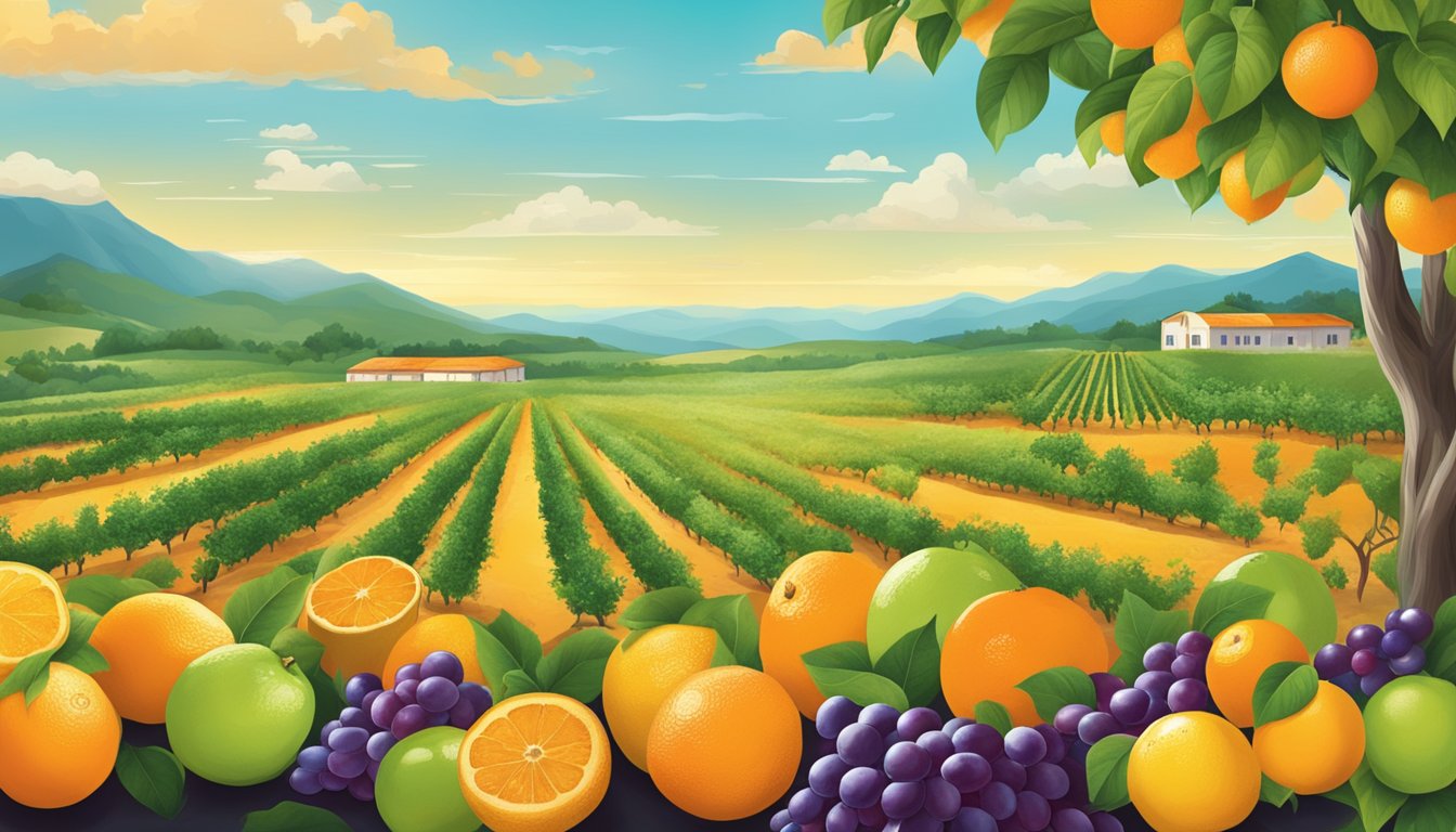 A vibrant citrus orchard with ripe oranges and grapes, each surrounded by their respective brand's marketing materials