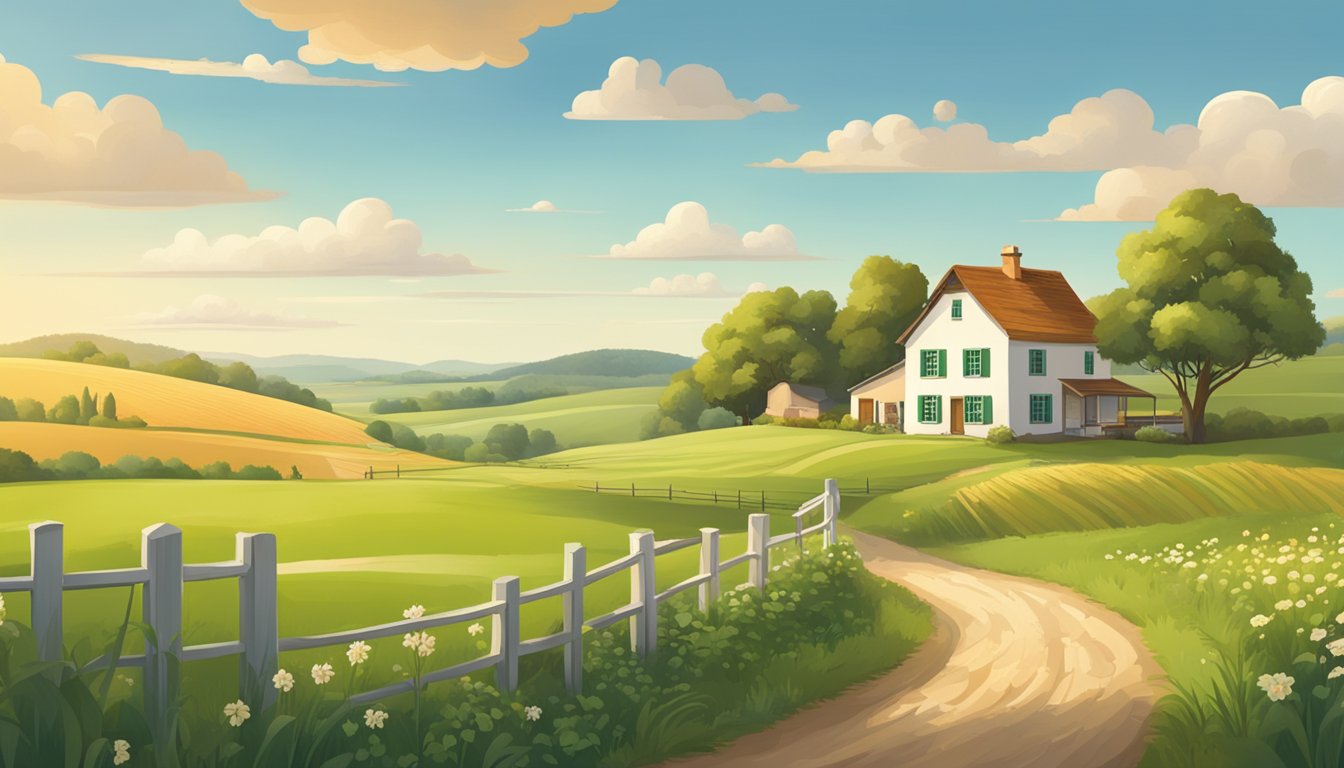 A serene countryside landscape with a farmhouse and fields, representing the traditional and natural philosophies of Quaker and Nature's Path brands