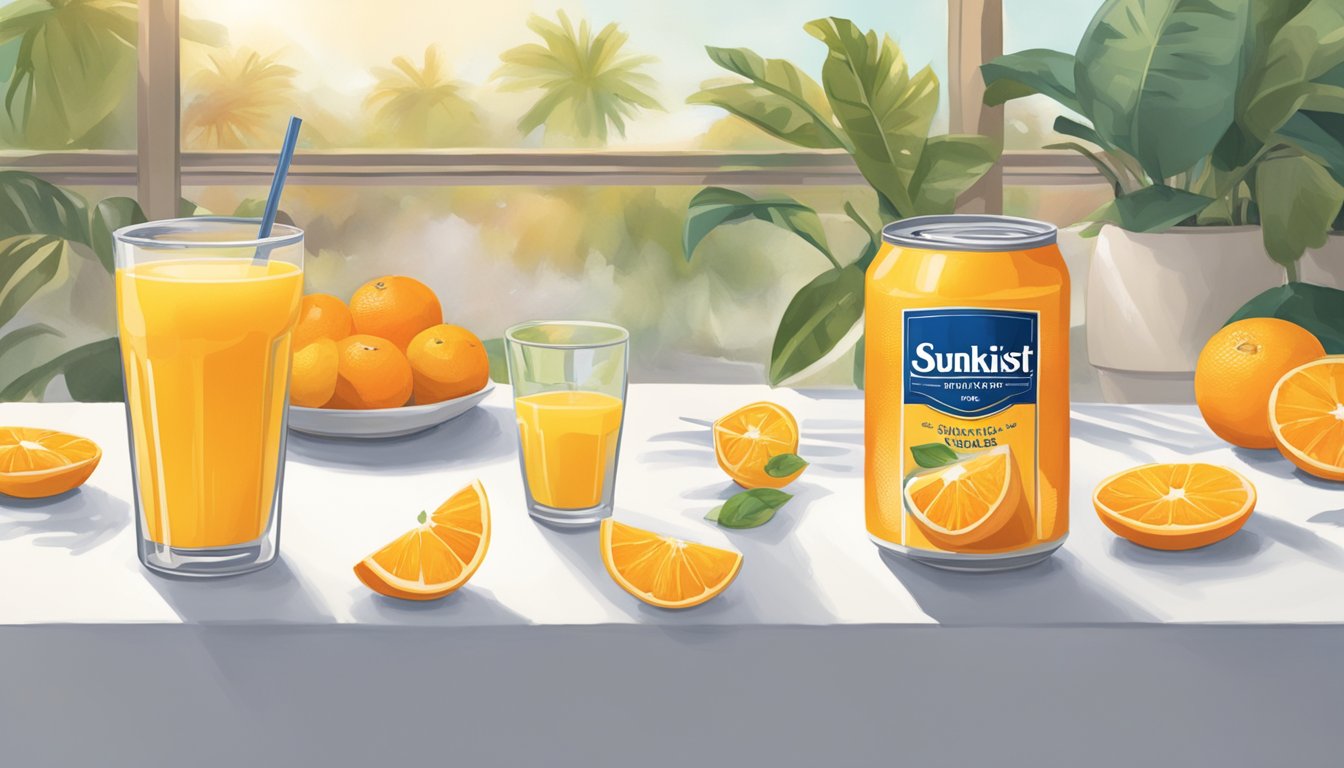 A table with two glasses of orange juice, one labeled "Sunkist" and the other "Welch's," surrounded by scattered reviews and ratings