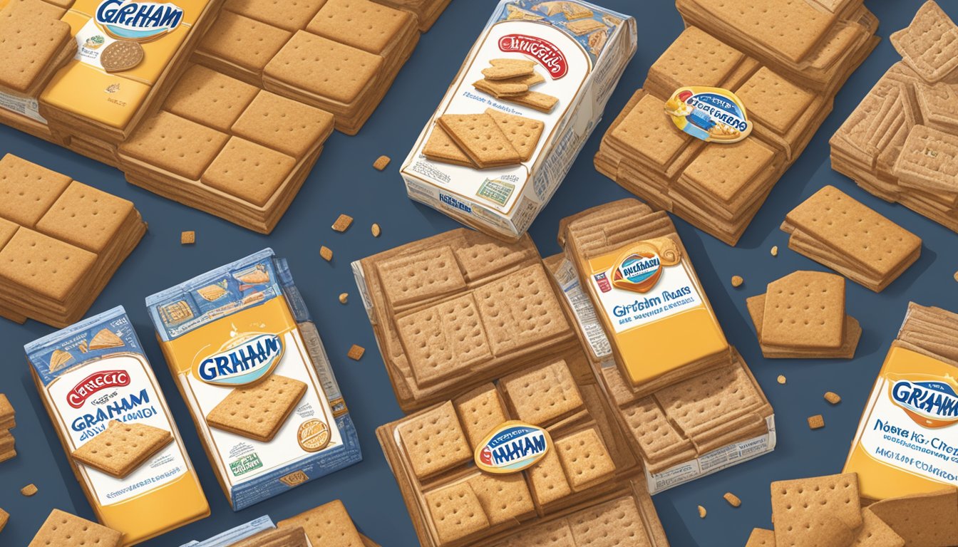 A table with two boxes of graham crackers, one labeled Nabisco and the other Honey Maid. Surrounding the boxes are images and illustrations depicting the history and evolution of graham crackers