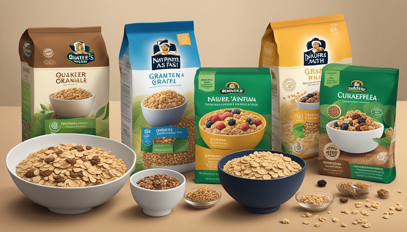 A table with bowls of Quaker and Nature's Path products, surrounded by cereal boxes and granola bags